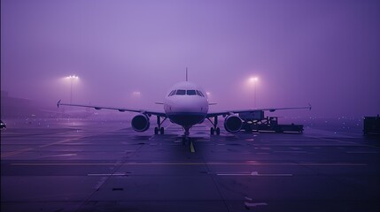 Aircraft on the runway in the night fog. Airplane at the airport. Large passenger plane on the...