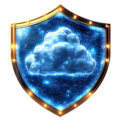 Fototapeta premium A digital shield featuring a glowing cloud symbol, representing cloud security and data protection in the digital landscape, isolated on transparent background