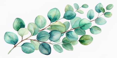 Obraz premium Delicate watercolor illustration of fresh eucalyptus leaves in soft greens and blues on a crisp white background, perfect for botanical art or nature-inspired designs.