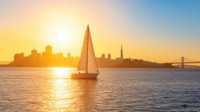 A sailboat in front of the San Francisco skyline, viewed from Sausalito at sunset.