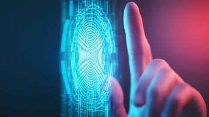A futuristic hand reaching towards a glowing fingerprint scanner, symbolizing security and biometric technology.
