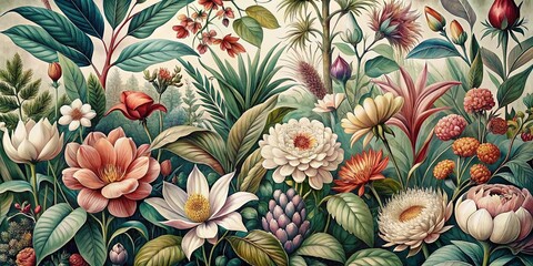 Obraz premium Whimsical vintage artwork featuring intricately detailed retro graphic design botanical illustrations of exotic flowers, lush foliage, and delicate blooms in soft, muted colors.