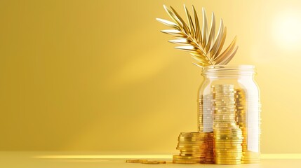A golden jar filled with coins and a decorative leaf, symbolizing wealth and prosperity against a shimmering background.