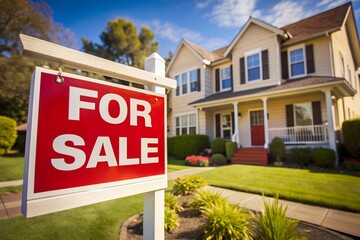 Red for sale sign displayed in front of house