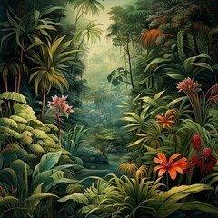 Illustration of a lush green jungle with vibrant plants and a narrow path leading into the distance. It is perfect for travel and tourism promotion or as a background for nature-themed projects.