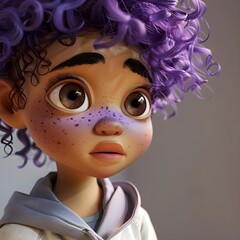 A close-up portrait of a young animated girl with purple curly hair and freckles, displaying a thoughtful and slightly concerned expression.