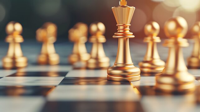 A close-up view of a chessboard with golden pieces, highlighting strategy and competition in a classic game of chess.