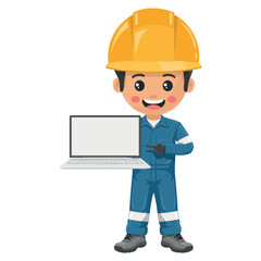 Industrial mechanical worker with a laptop. Integration of technology and data analysis in the industry. Digital tools to manage, monitor and improve production processes. Safety first