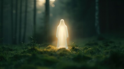A translucent figure with a warm smile, welcoming travelers to the enchanted forest glade