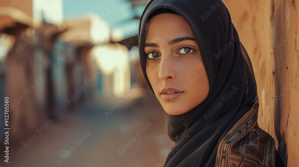 Poster Serious Old Arab muslim woman wearing a hijab posing in a northern african city