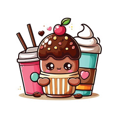 Cute Kawaii Cartoon Cupcake and Beverages with Chocolate, Whipped Cream, and Hearts