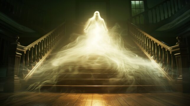 A translucent figure with glowing eyes, hovering above the grand staircase in the haunted mansion