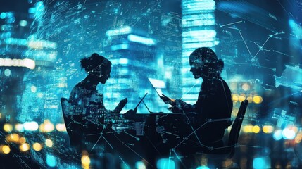 Two silhouettes of people working on laptops with glowing blue data and lines superimposed over a cityscape at night.