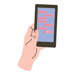 Hand holding a smartphone with voice messages on the screen. Vector illustration design