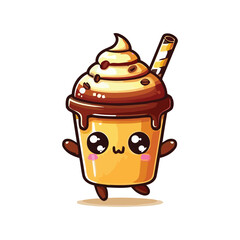 Cute Kawaii Cartoon Ice Cream Cup with Whipped Cream and Chocolate Syrup