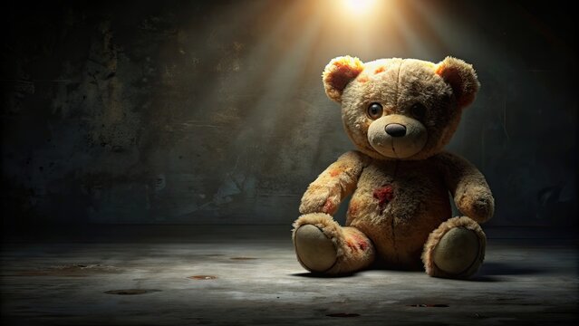 Zombie teddy bear illuminated in dark lighting , halloween, spooky, horror, undead, stuffed animal, creepy, toy, plush