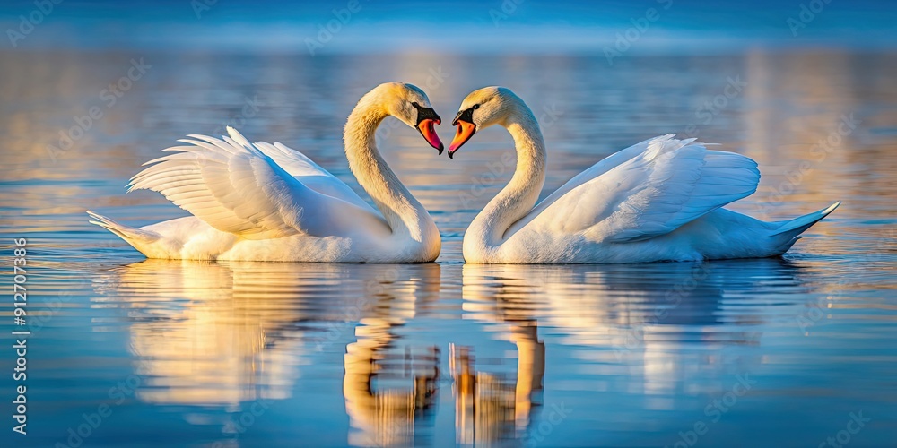 Wall mural Swans gracefully forming a heart shape on calm water, romantic, love, wildlife, nature, birds, serene, peaceful