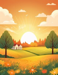 Fototapeta premium Autumn Landscape Background,Vector cartoon in Village Fall season forest tree with meadow flower and orange sunset sky,Illustration banner of farmland with cloud and sun over maintain