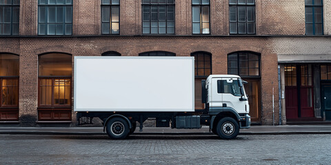 A white truck with an empty space on the back for advertising is parked on a city street