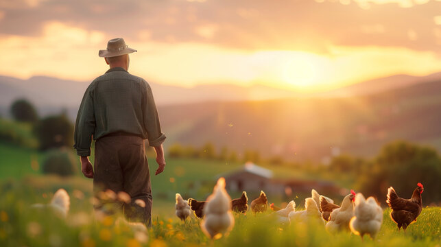 A farmer feeding free-range chickens in a scenic field at sunset, with mountains in the background and golden light.