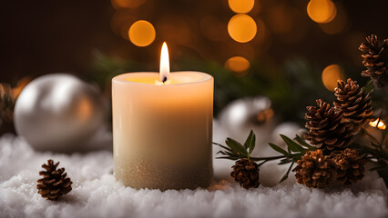 A candle is lit on a table with pine cones and other decorations