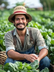 Depict a farmer using sustainable farming practices with open space for copy.
