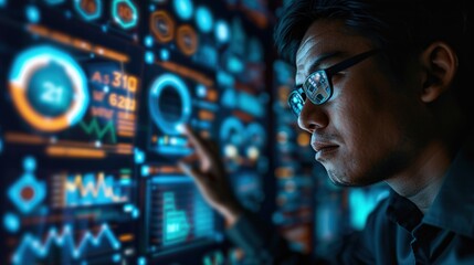 Man Analyzing Data on Digital Screen