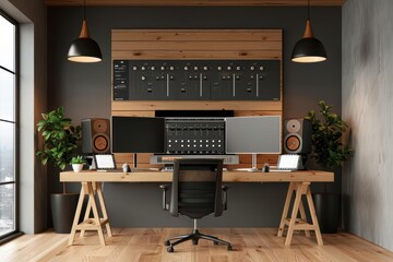 Artistic rendering of an electronic music studio layout plan, highlighting equipment arrangement and acoustical design, tech creativity