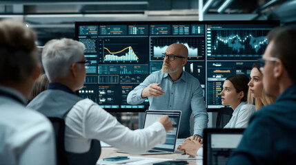 Group of professionals discussing data in a modern office with multiple screens displaying graphs and charts.