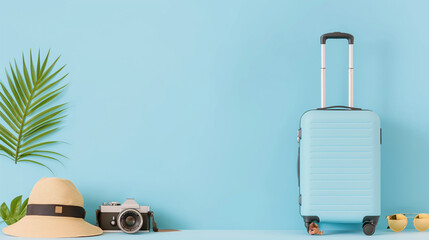 Blue suitcase with sun glasses, hat and camera on pastel blue background. travel concept minimal style