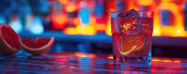 A vibrant glass of cocktail with ice, glowing against a colorful bar backdrop, surrounded by fresh citrus fruit.