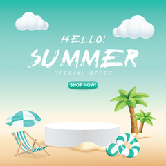 3d refreshing Colorful Summer sale promotion banner with summer tropical beach vibes decoration background