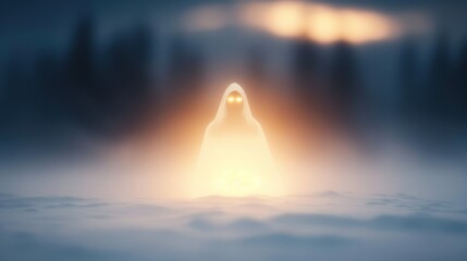 Obraz premium A translucent figure with hollow eyes, appearing suddenly in the foggy forest