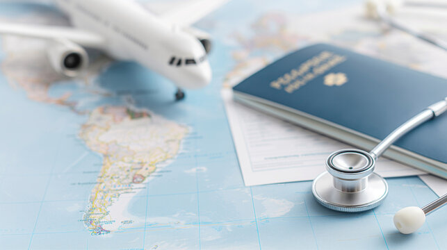 Boarding pass and a passport travel documents with medical stethoscope and airplane on world map background, close-up. Medical travel concept 