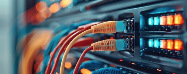 Close-up of network cables plugged into a rack-mounted switch, secure data connections, IT facility