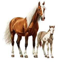A mare with foal, farm animal, realistic illustration, isolated on transparent background