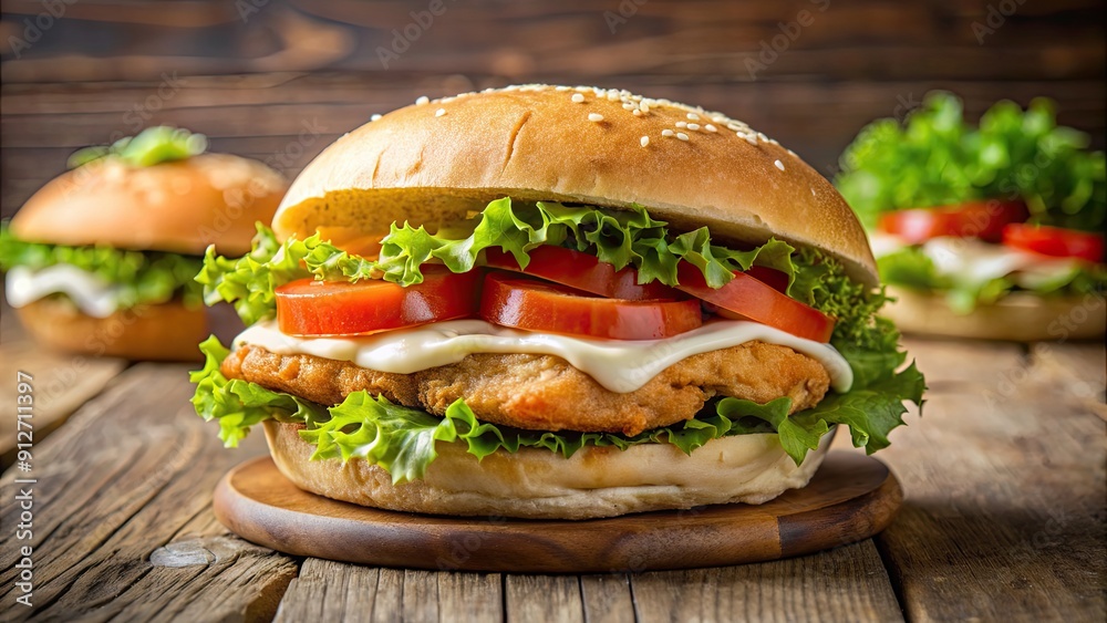 Wall mural Delicious chicken sandwich with lettuce, tomato, and mayonnaise , food, sandwich, meal, fast food, lunch, poultry, comfort food