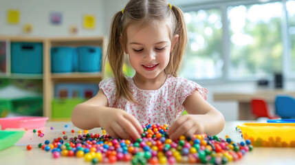 Fototapeta premium Preschool Girl Learning and Playing. Preschool Girl Sorting Beads