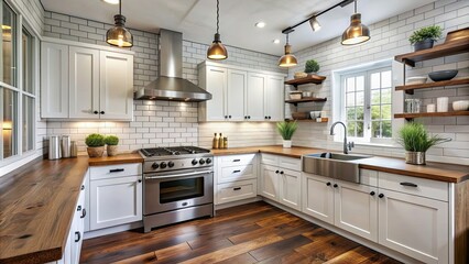 Fototapeta premium Modern farmhouse kitchen with white shaker cabinets, subway tile backsplash