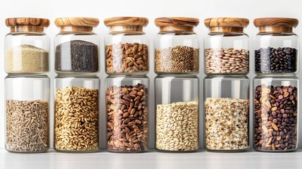 Wholesome grains and cereals in glass jars with wooden lids