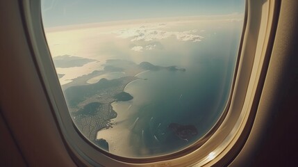 Island coastline and ocean view from airplane window