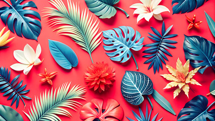 Naklejka premium Bright background with tropical plants, flowers, tropical flora. Floral plant background 