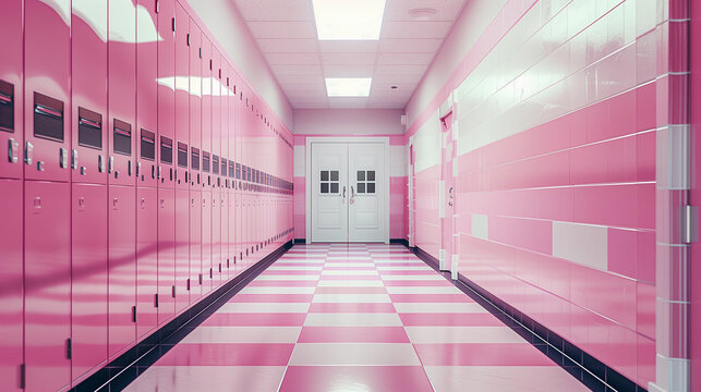 Pastel pink white school lockers hallway clean minimal modern educational institution interior student storage education university sports team room girl fun minimal campus sleek uni dorm kawaii y2k 