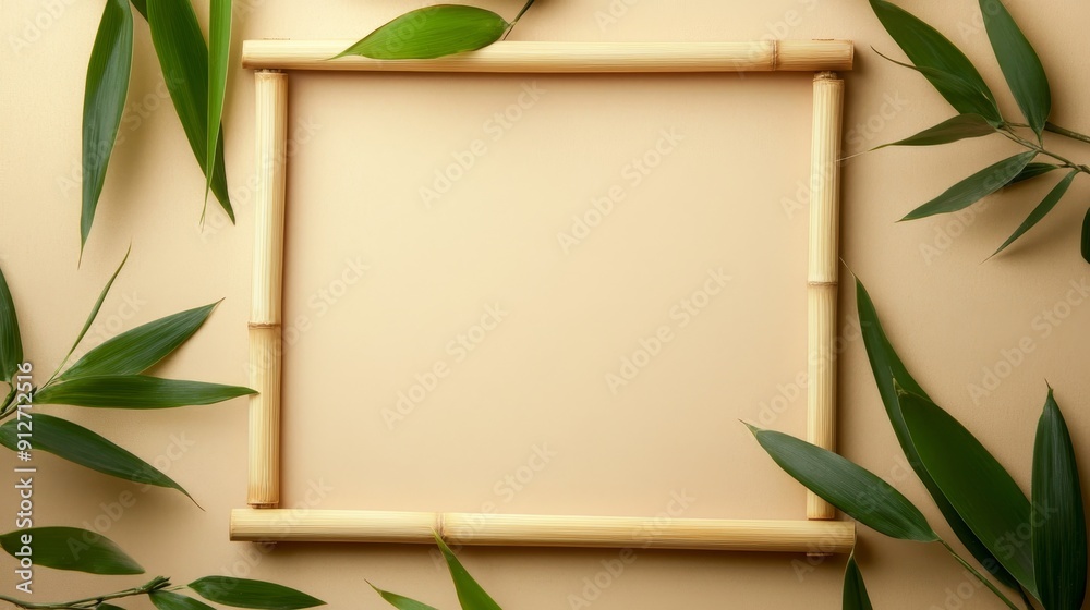 Sticker Bamboo Frame with Green Leaves on Beige Background - A natural bamboo frame with green leaves on a beige background. The frame creates a natural and elegant setting, symbolizing simplicity, growth, tr