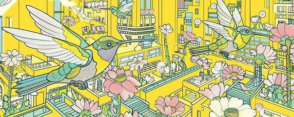 Craft a scene where a flock of mechanical hummingbirds swarm around an otherworldly flower garden Enhance the iridescent plumage of each bird to shimmer like liquid metal against t