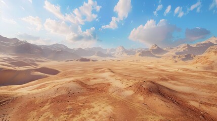Naklejka premium Empty desert terrain under a bright blue sky and clouds.