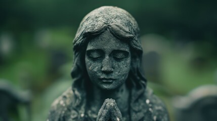 An abandoned cemetery filled with creepy statues and ghostly figures