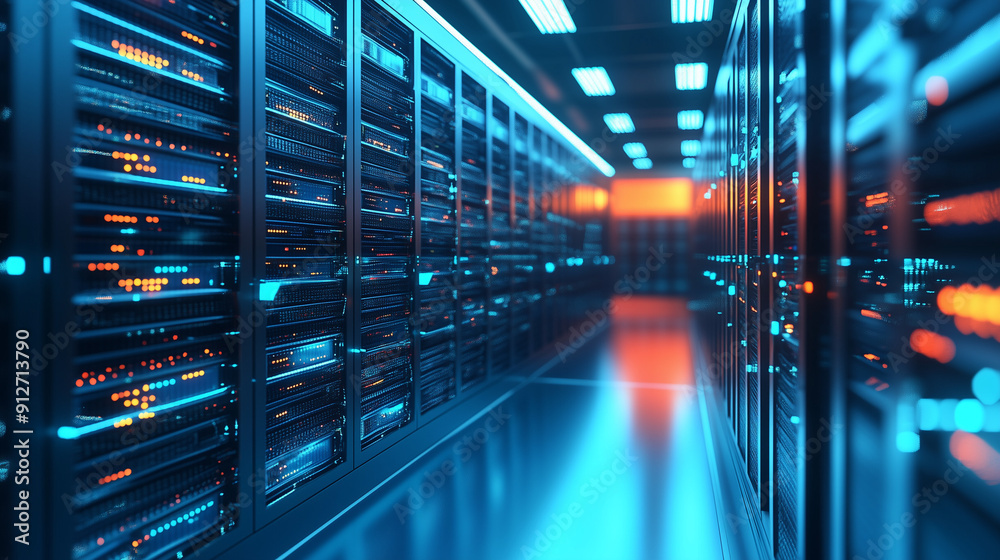 Poster A close up 3D render of rows of server suits in a futuristic data center interior, highlighting the concept of cyber security technology and cloud computing. This abstract digital background showcases
