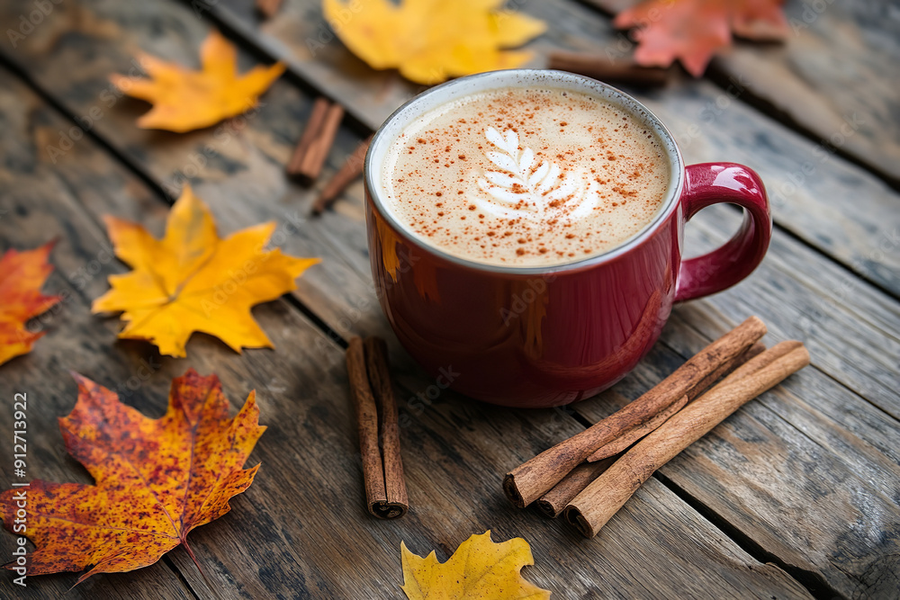 Canvas Prints Cozy Pumpkin Spice Latte on Rustic Table Surrounded by Autumn Leaves  