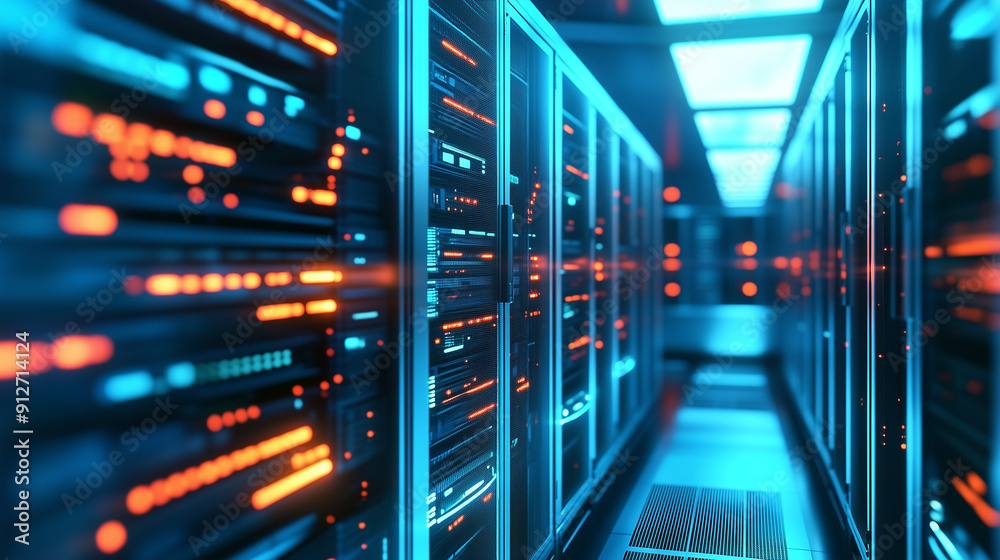 Fototapete A close up 3D render of rows of server suits in a futuristic data center interior, highlighting the concept of cyber security technology and cloud computing. This abstract digital background showcases